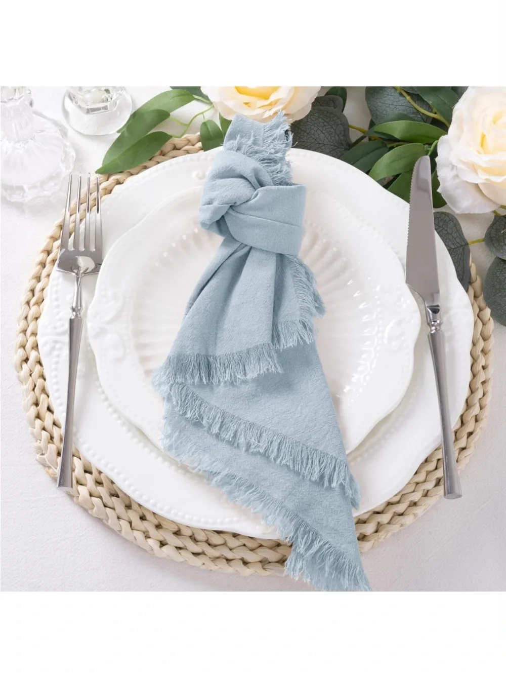 NEW 12 Pack Grey- Blue Cotton Linen Napkins with Fringe, 17”x17”